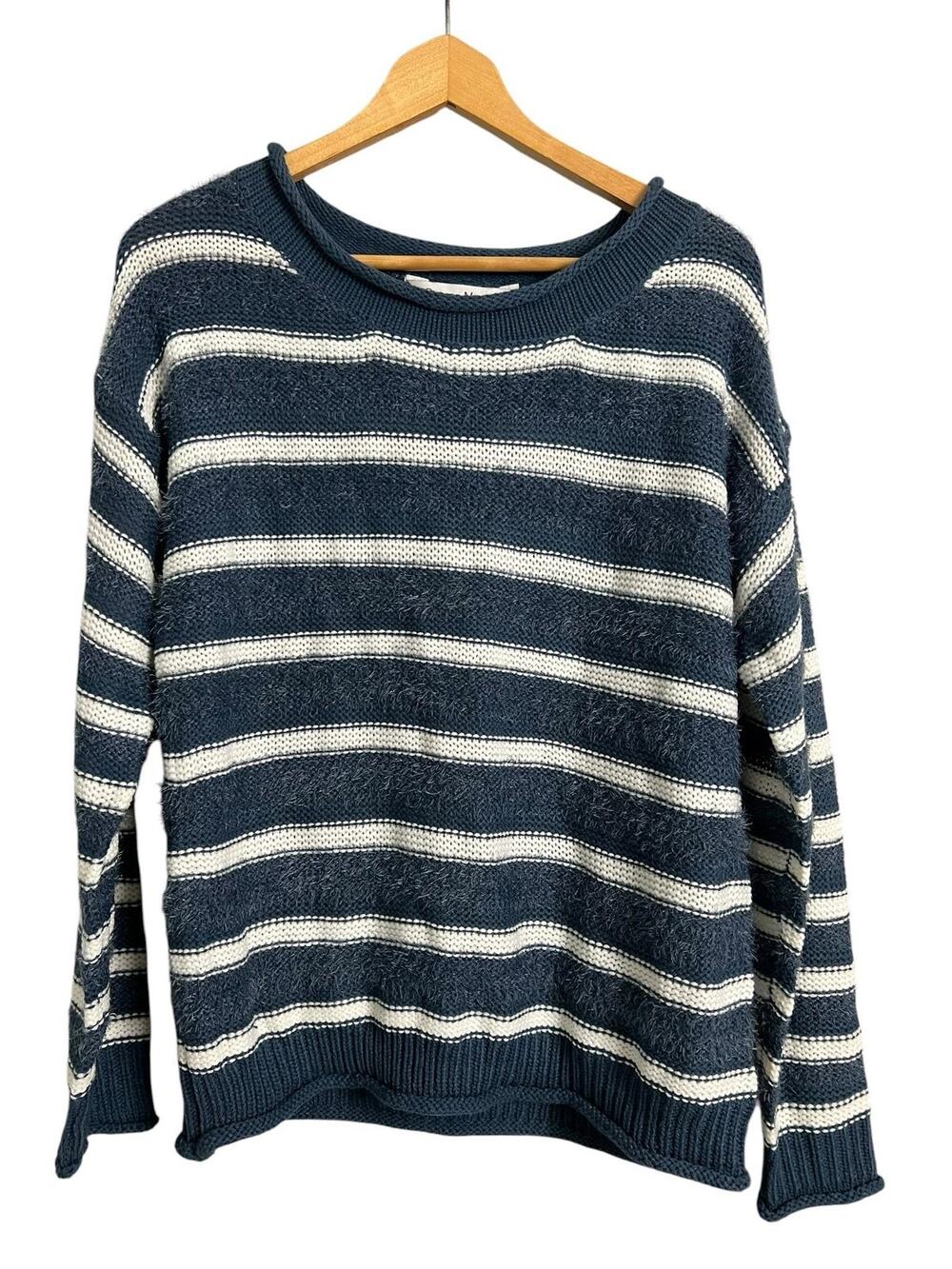 Rebecca Malone Pullover Sweater Womens Large Blue Striped Crew Neck Knit Cozy